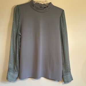 Ann Taylor Dusty Blue Mock Neck Blouse with Sheer Embellished Sleeves